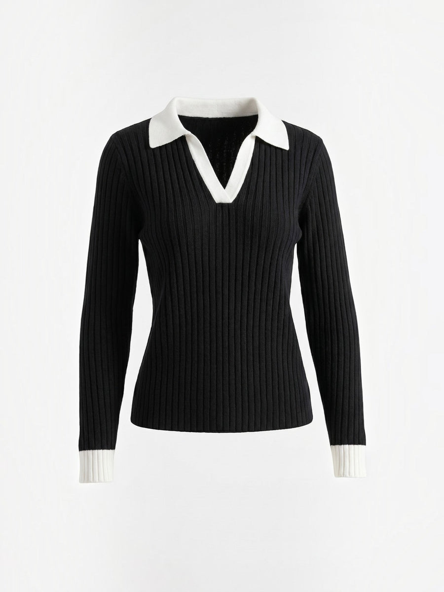 Althea Contrast Collar V Neck Knit Sweater