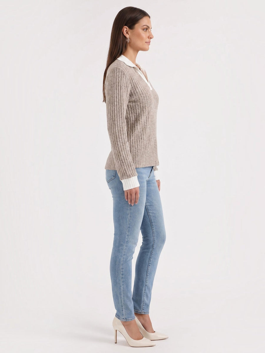Althea Contrast Collar V Neck Knit Sweater