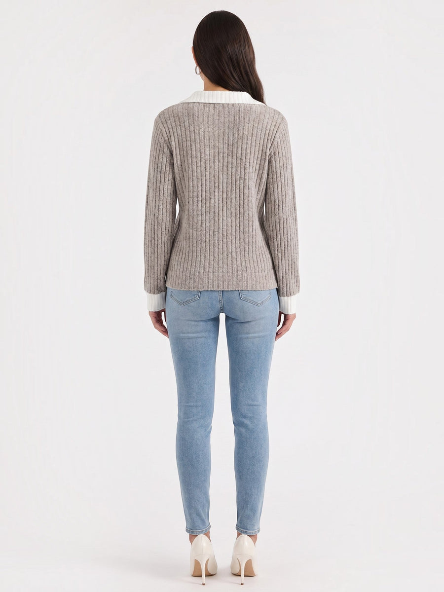Althea Contrast Collar V Neck Knit Sweater