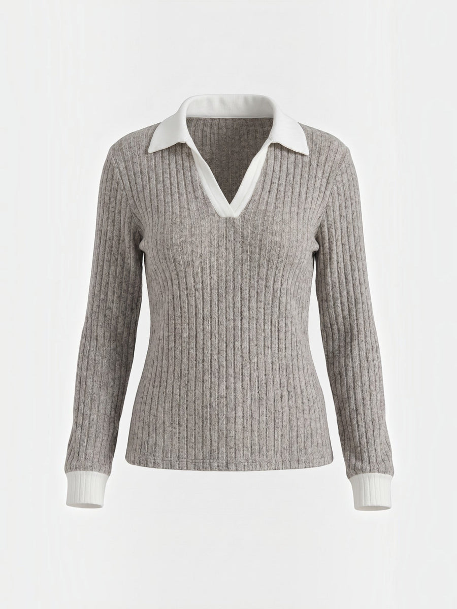 Althea Contrast Collar V Neck Knit Sweater