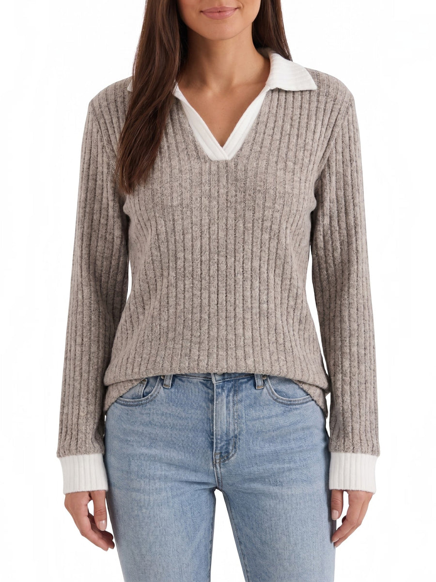 Althea Contrast Collar V Neck Knit Sweater