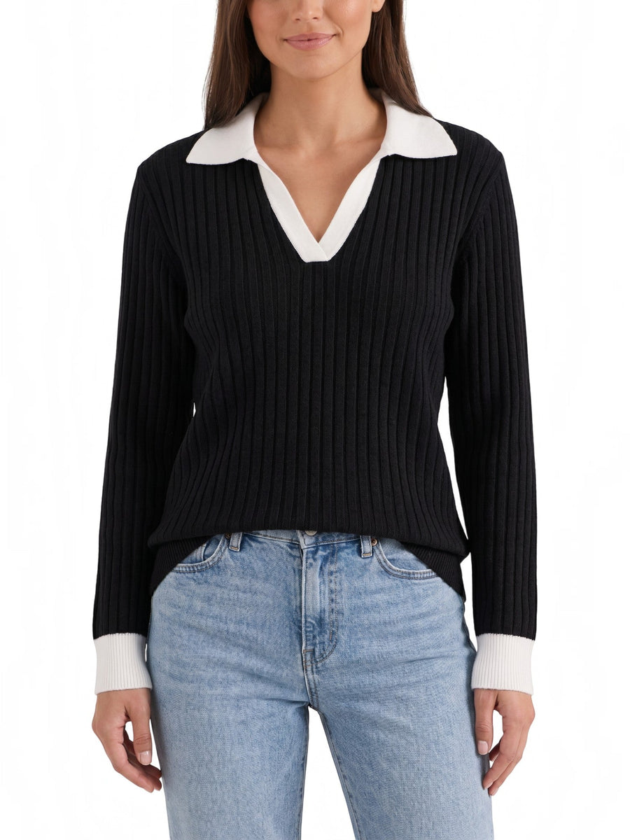 Althea Contrast Collar V Neck Knit Sweater