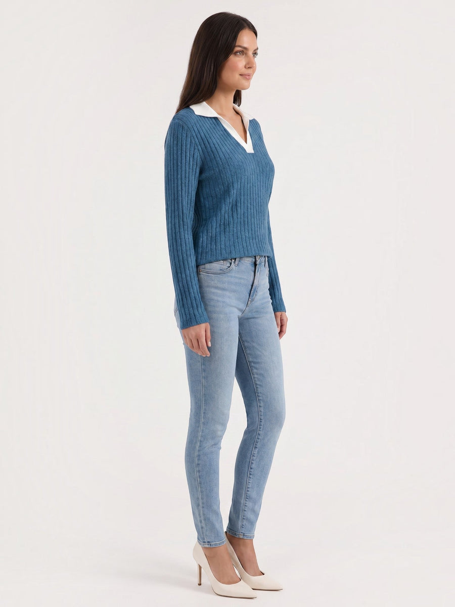 Althea Contrast Collar V Neck Knit Sweater