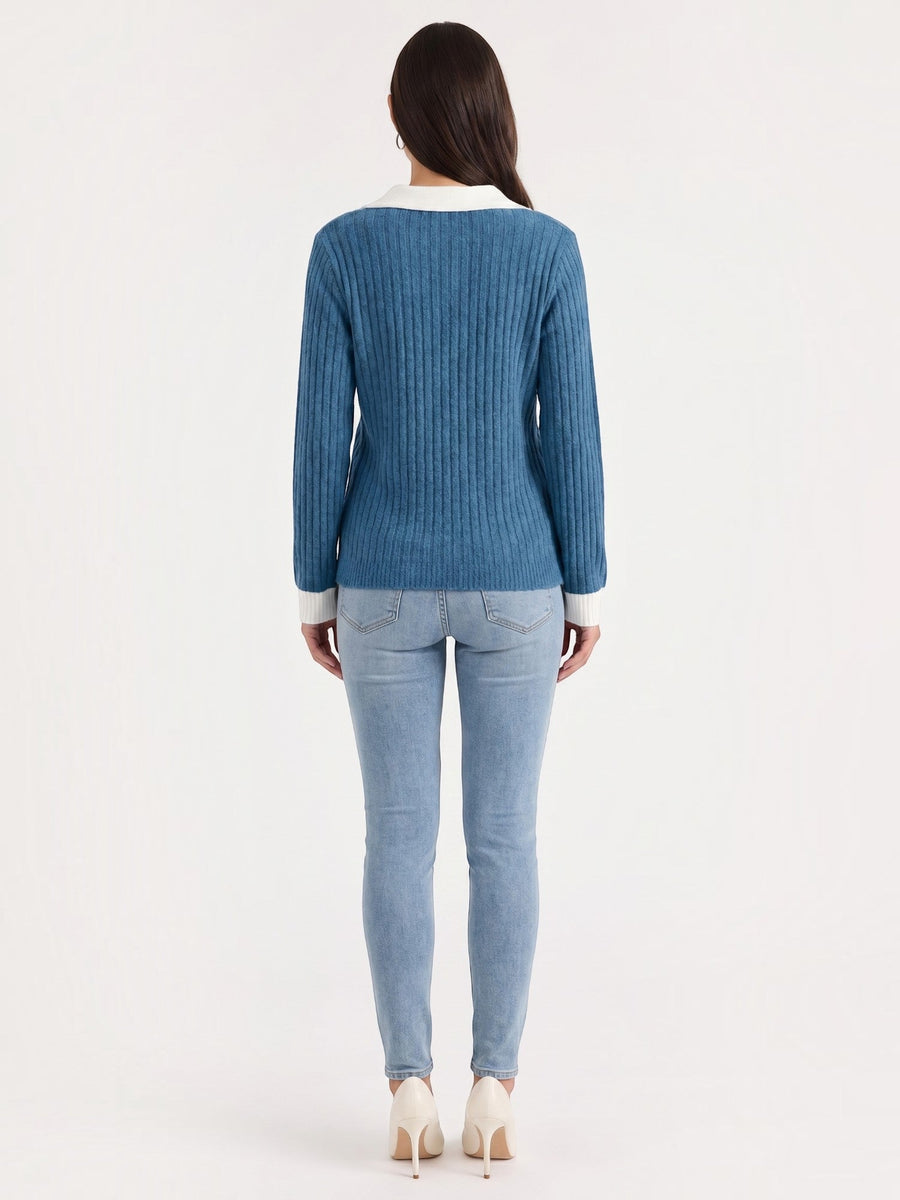 Althea Contrast Collar V Neck Knit Sweater