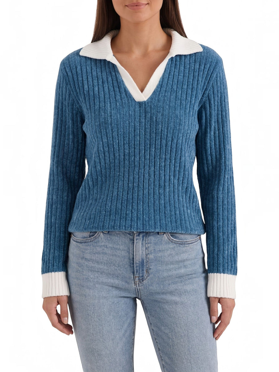 Althea Contrast Collar V Neck Knit Sweater