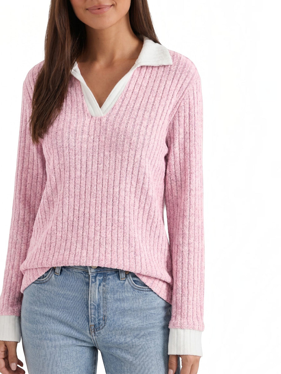 Althea Contrast Collar V Neck Knit Sweater