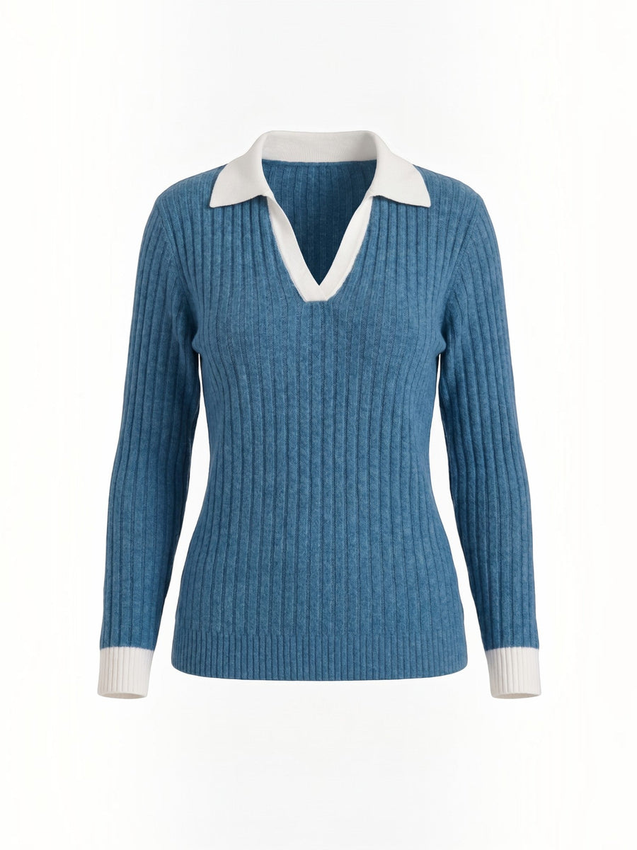 Althea Contrast Collar V Neck Knit Sweater