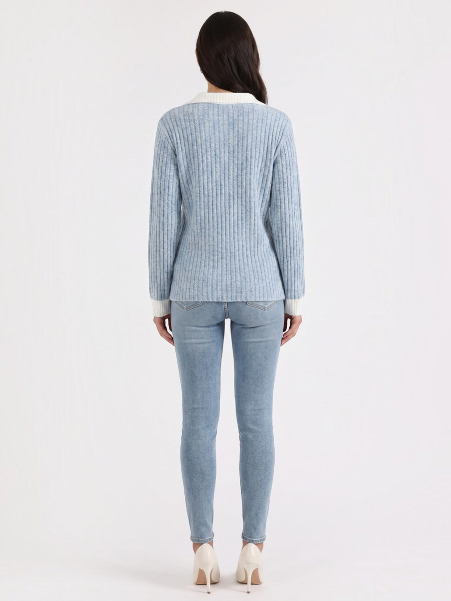 Althea Contrast Collar V Neck Knit Sweater