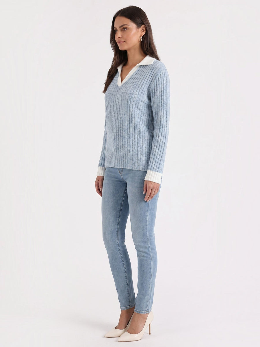 Althea Contrast Collar V Neck Knit Sweater