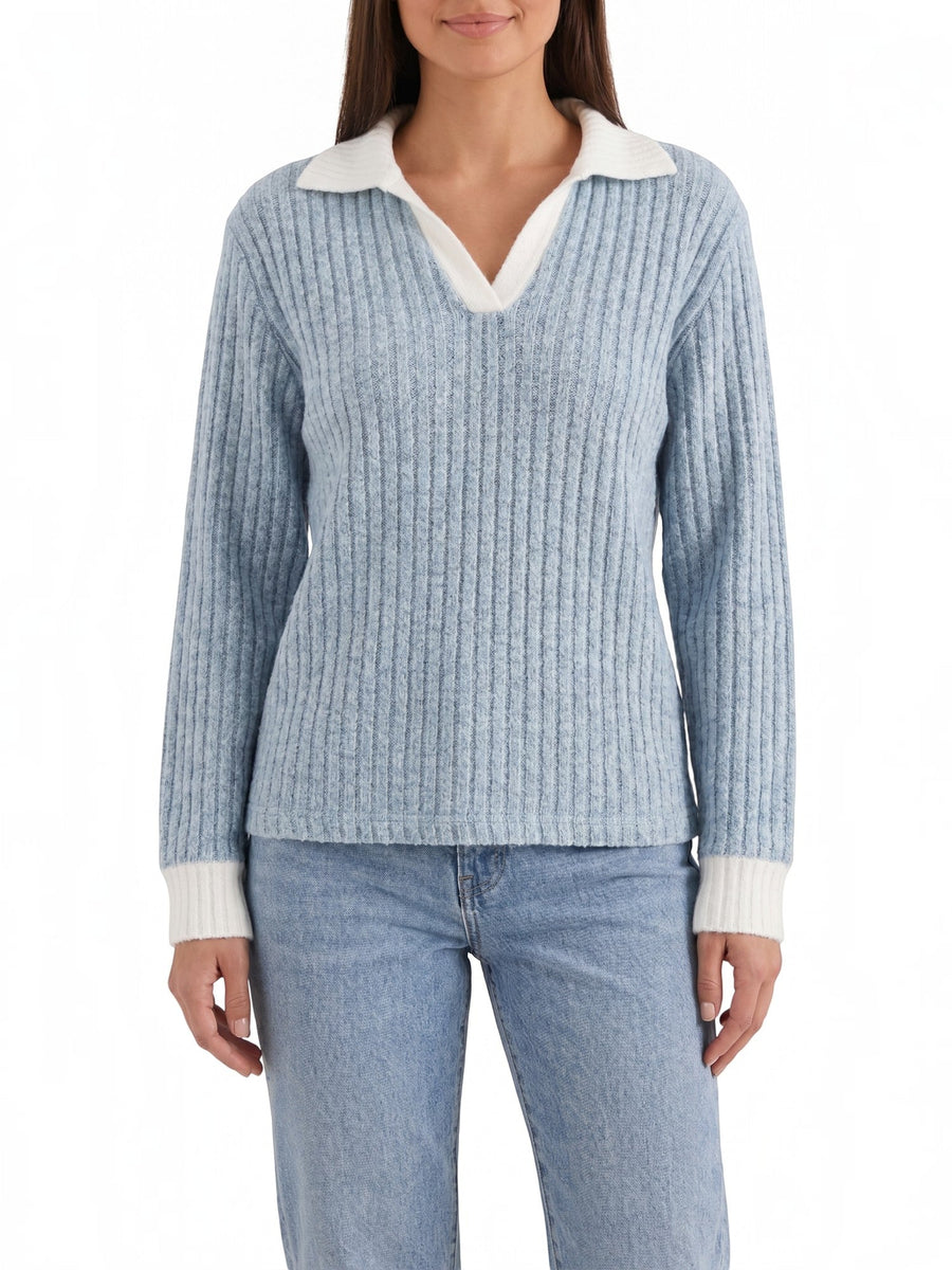 Althea Contrast Collar V Neck Knit Sweater