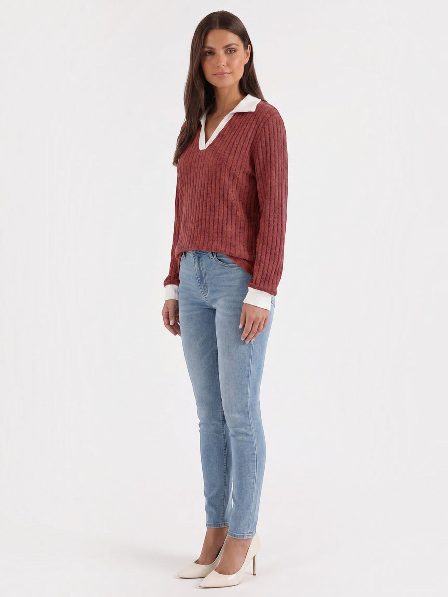 Althea Contrast Collar V Neck Knit Sweater