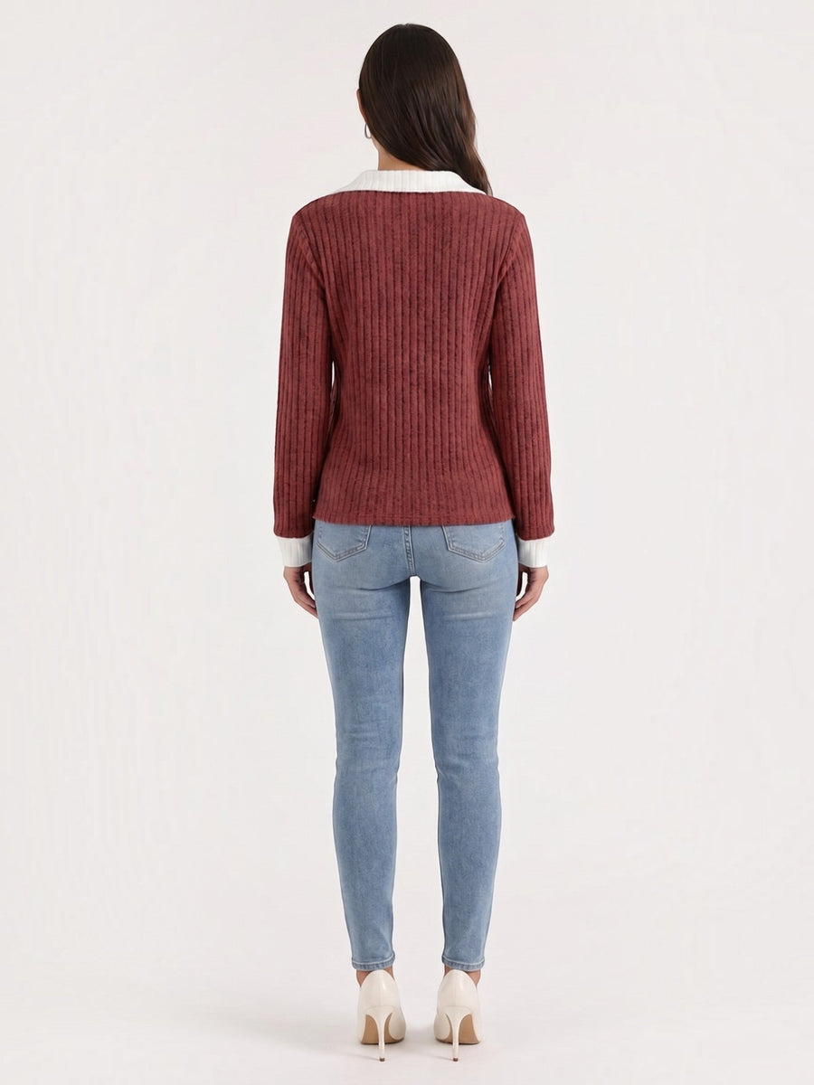 Althea Contrast Collar V Neck Knit Sweater