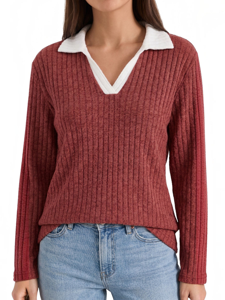 Althea Contrast Collar V Neck Knit Sweater