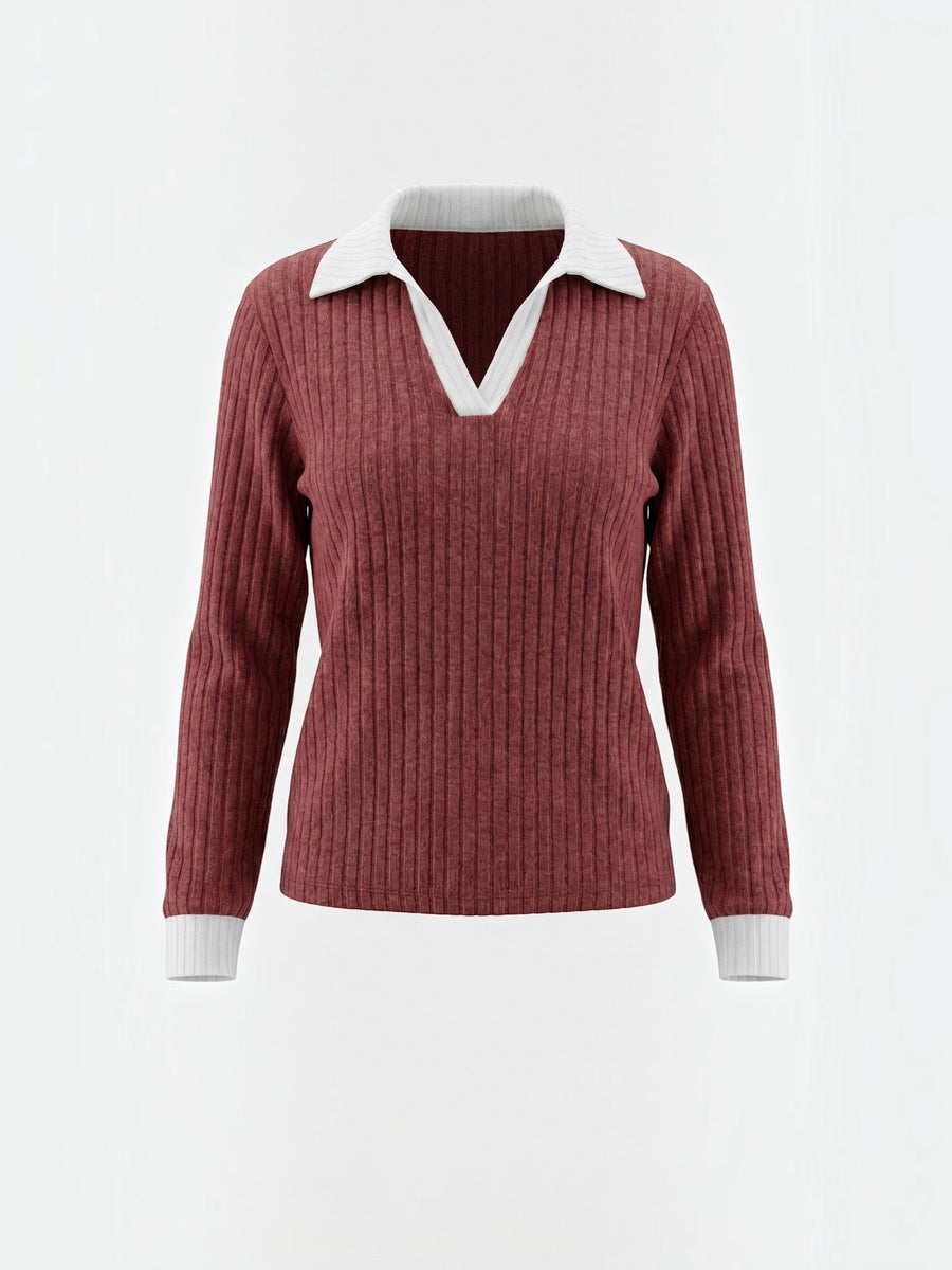 Althea Contrast Collar V Neck Knit Sweater
