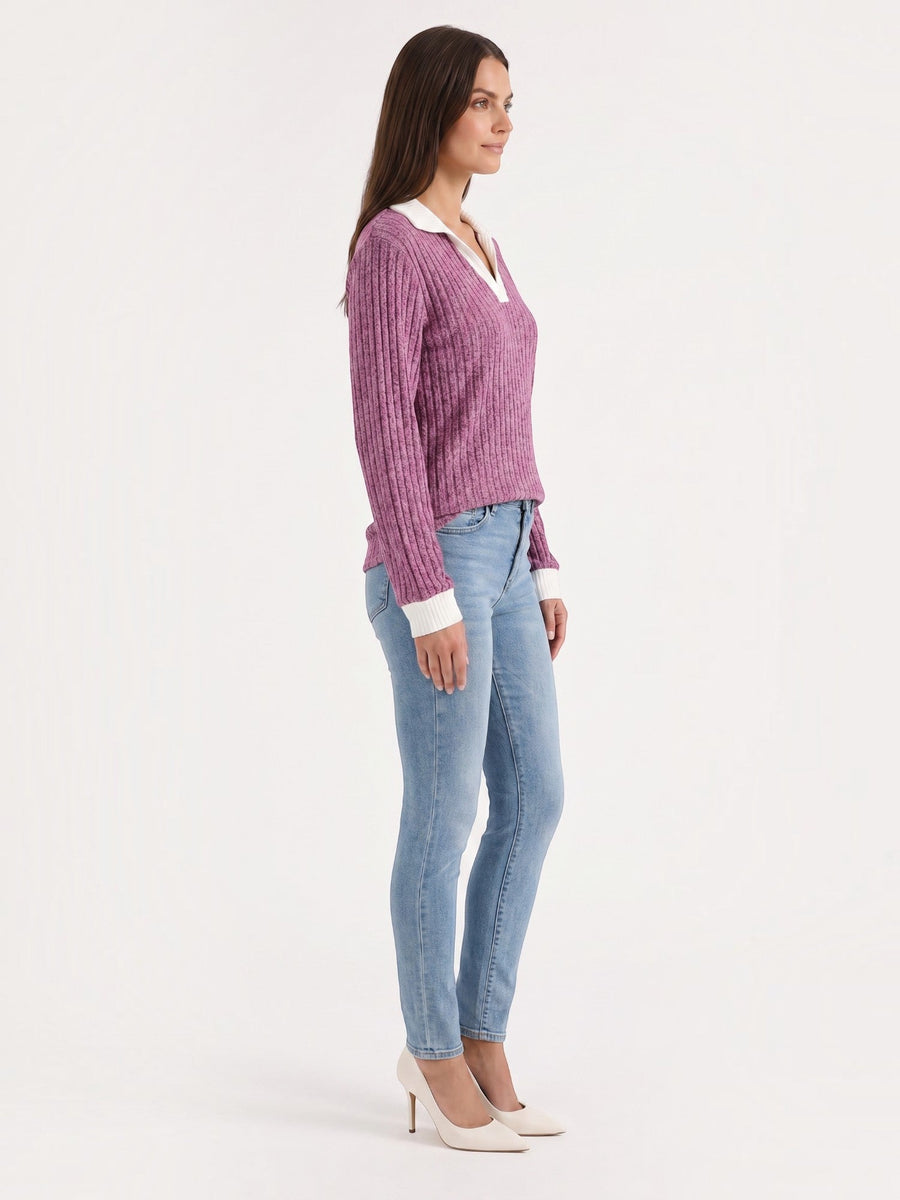 Althea Contrast Collar V Neck Knit Sweater