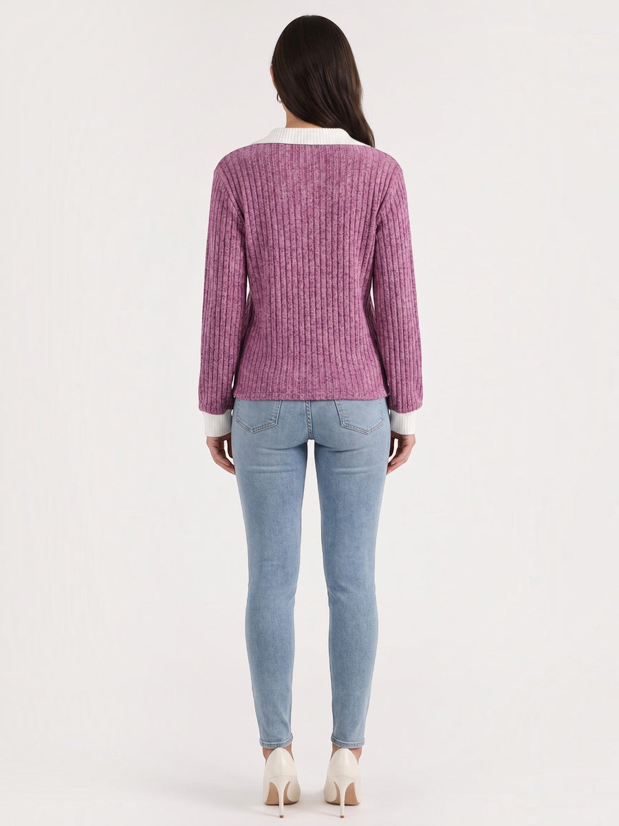 Althea Contrast Collar V Neck Knit Sweater