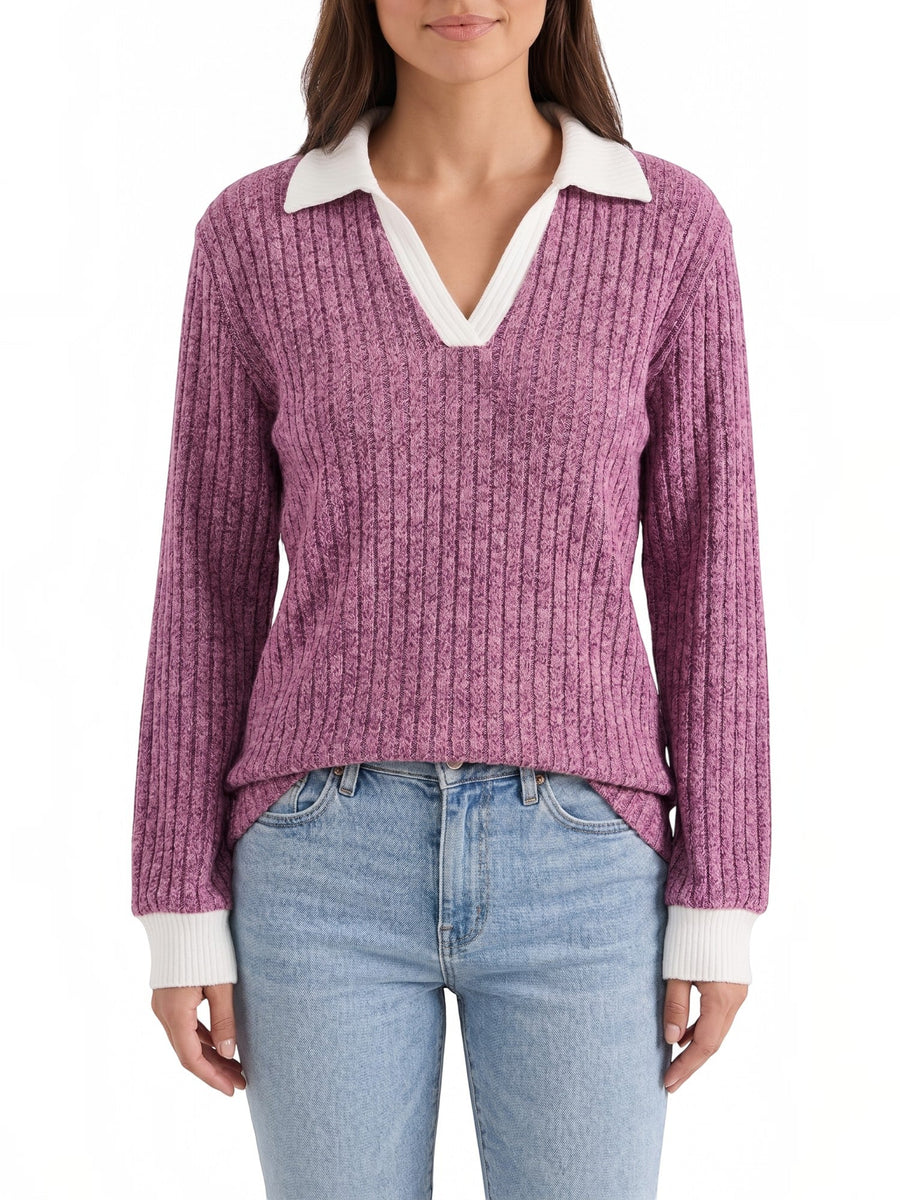 Althea Contrast Collar V Neck Knit Sweater