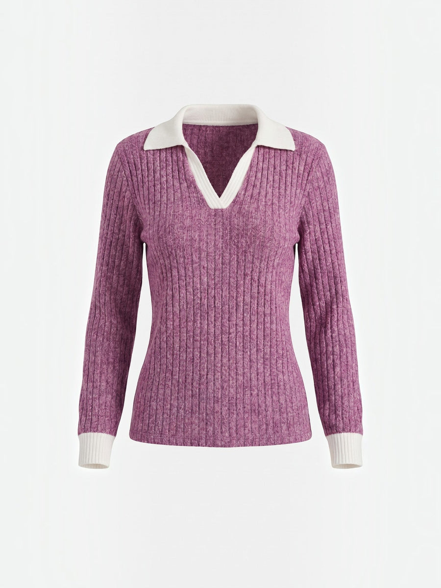 Althea Contrast Collar V Neck Knit Sweater