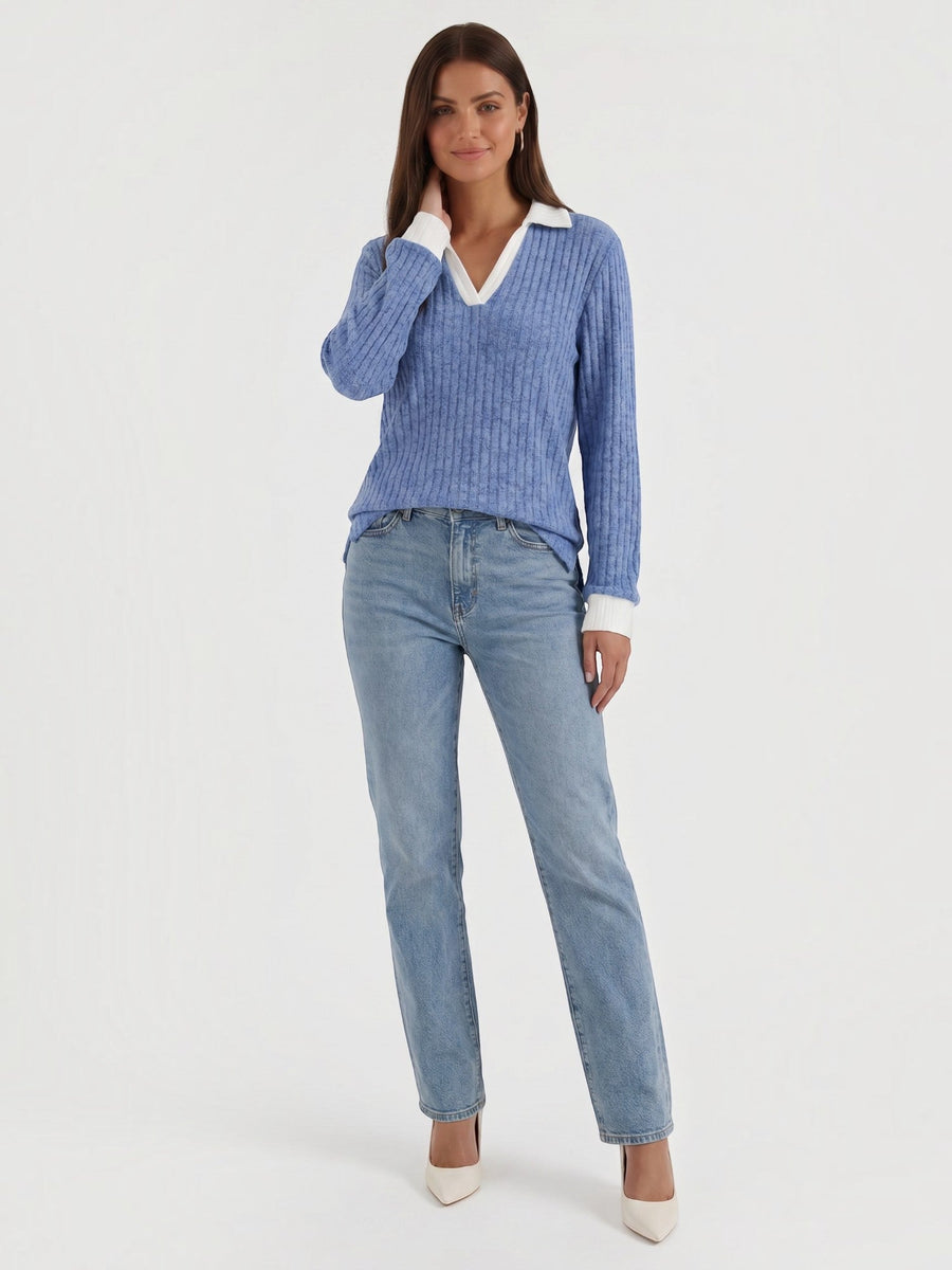 Althea Contrast Collar V Neck Knit Sweater