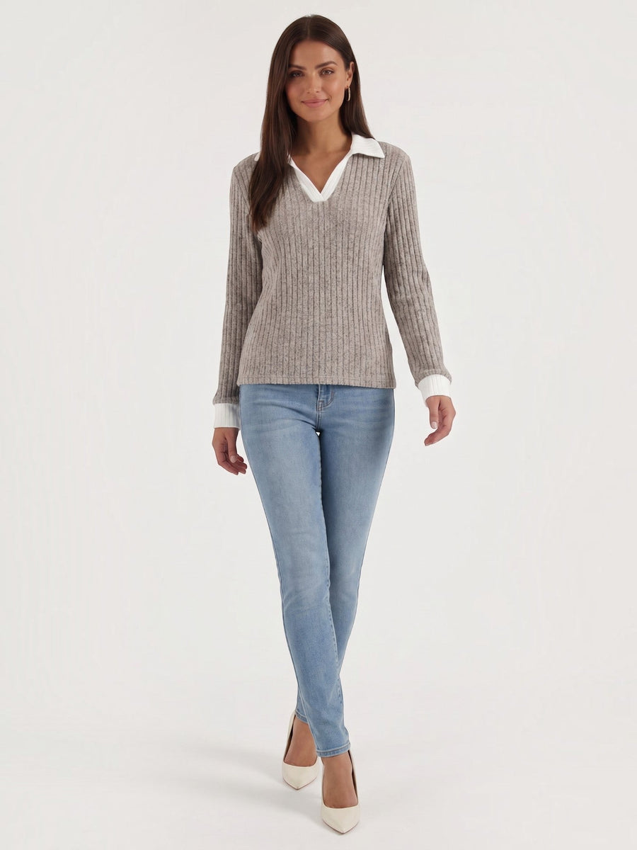 Althea Contrast Collar V Neck Knit Sweater