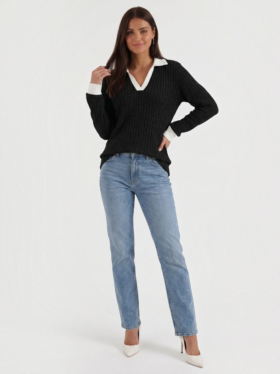 Althea Contrast Collar V Neck Knit Sweater