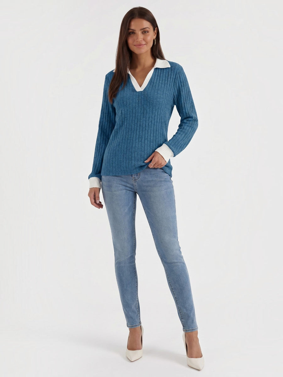 Althea Contrast Collar V Neck Knit Sweater