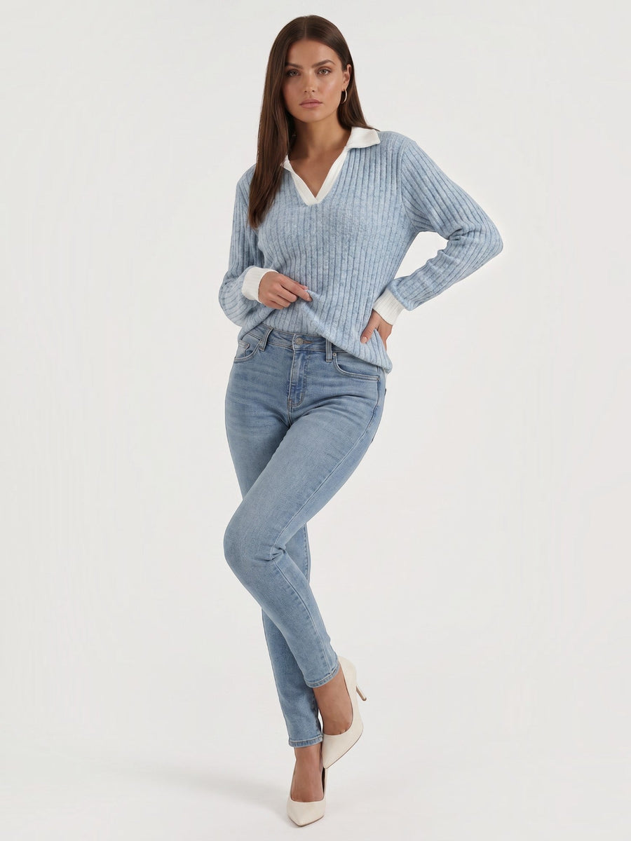 Althea Contrast Collar V Neck Knit Sweater