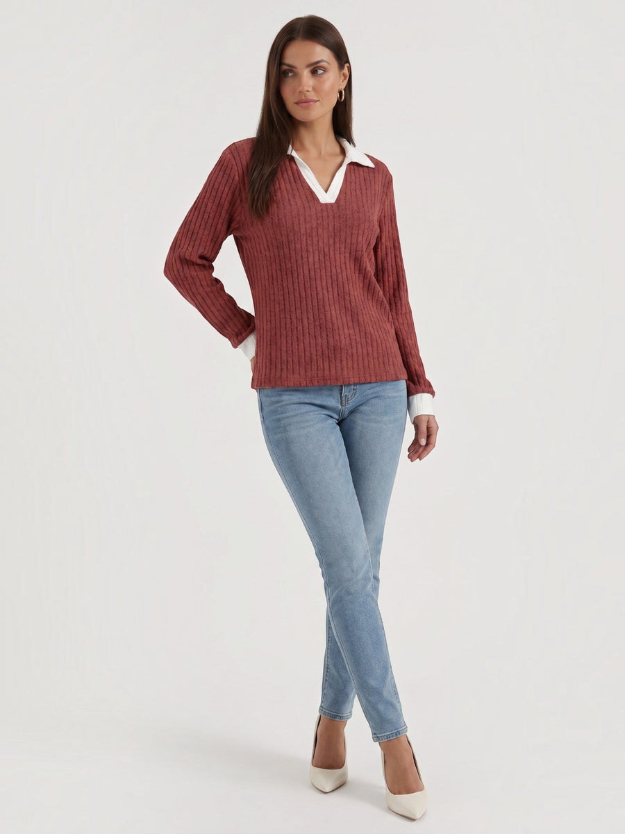 Althea Contrast Collar V Neck Knit Sweater