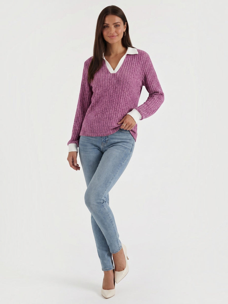 Althea Contrast Collar V Neck Knit Sweater