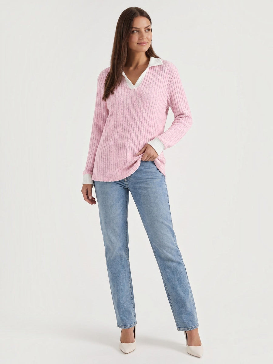 Althea Contrast Collar V Neck Knit Sweater