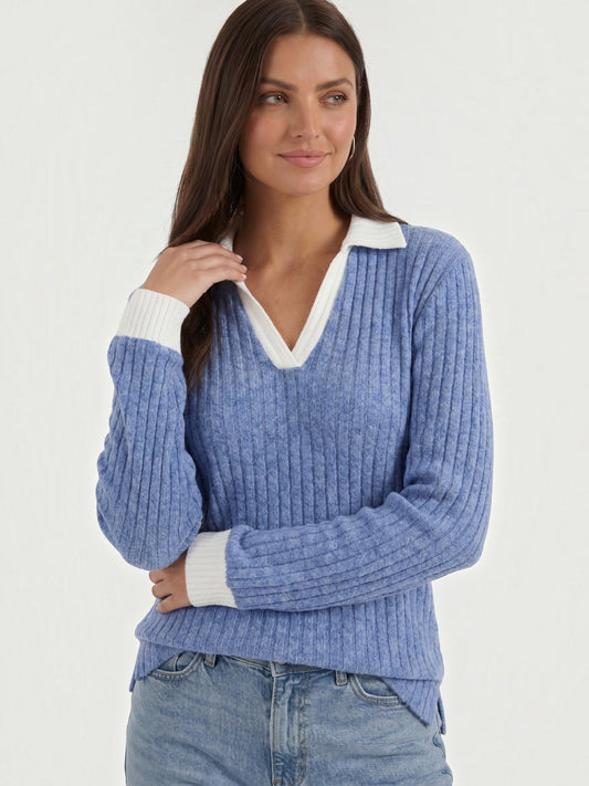Althea Contrast Collar V Neck Knit Sweater