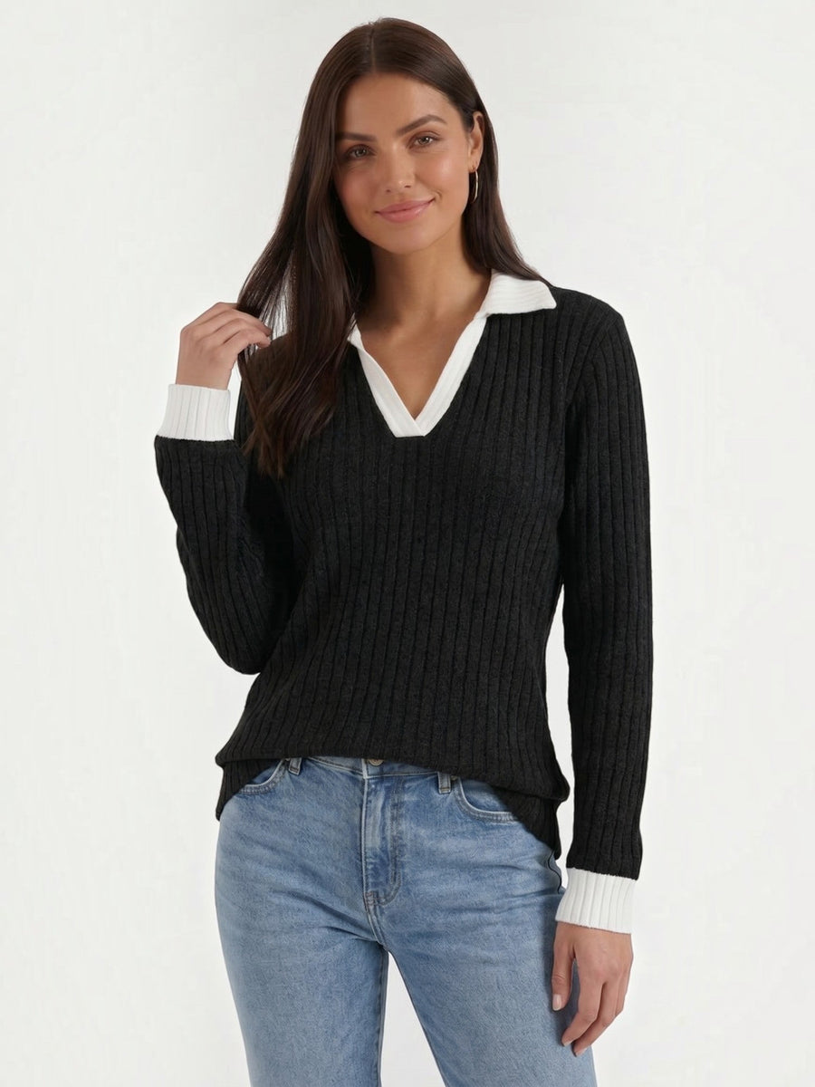 Althea Contrast Collar V Neck Knit Sweater