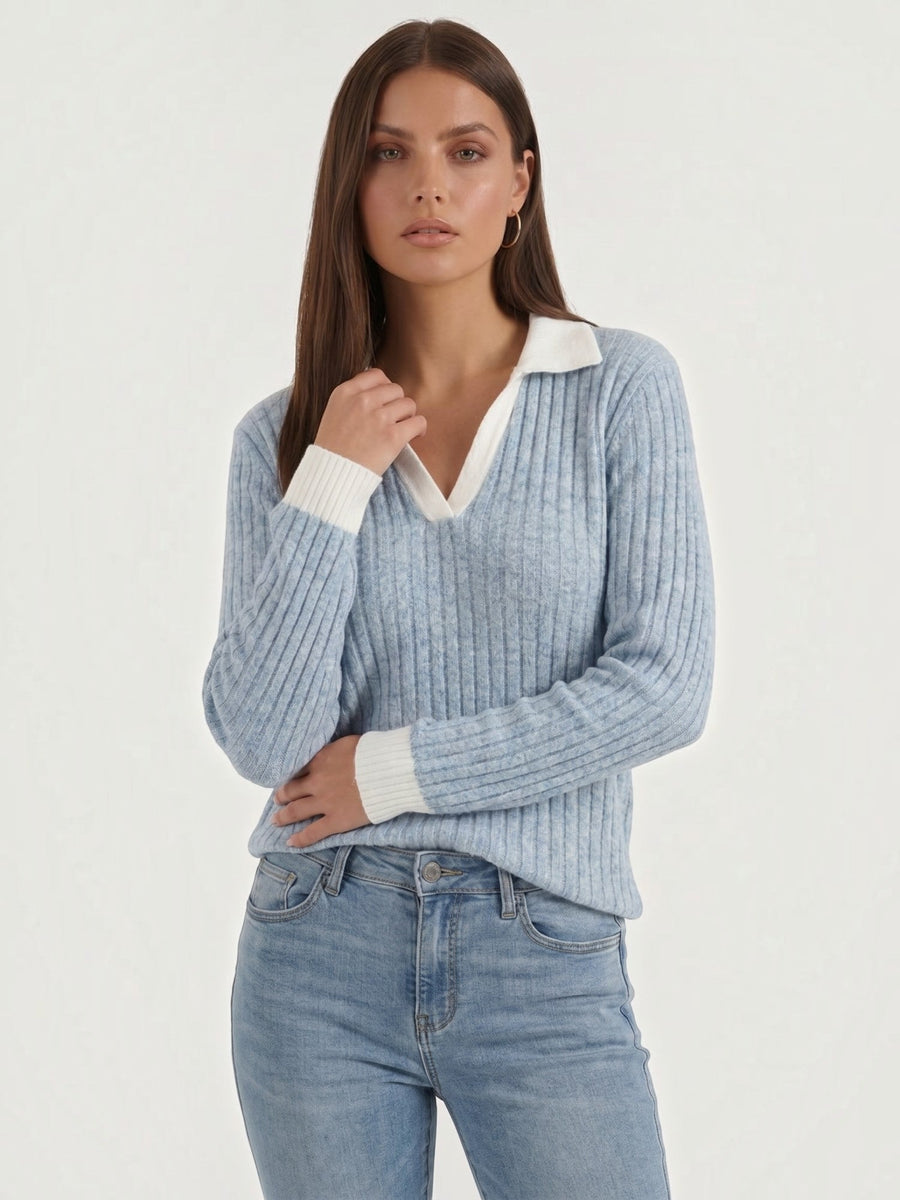Althea Contrast Collar V Neck Knit Sweater