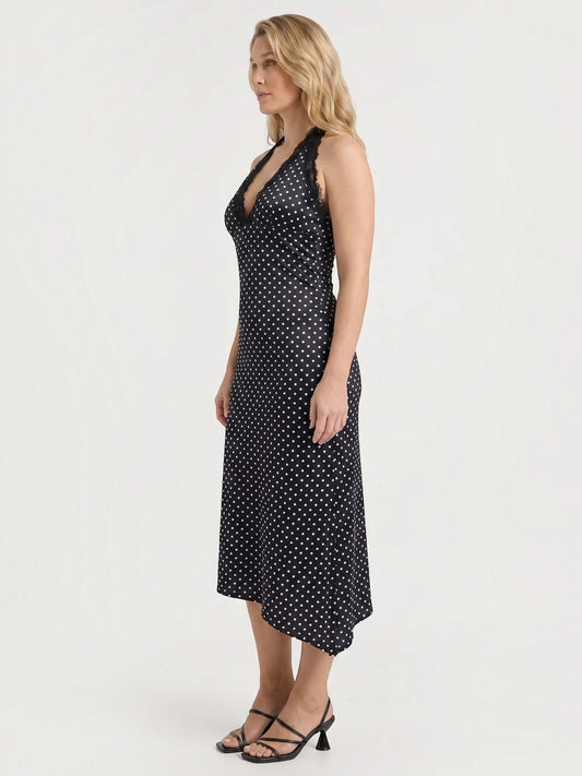 Layla Polka Dot Lace Trim Slip Midi Dress