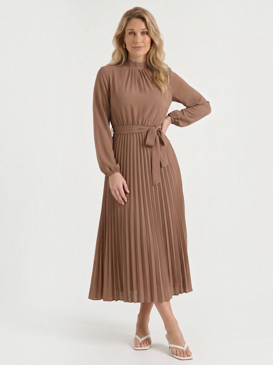 Misty Pleated Midi Dress with Tie Belt