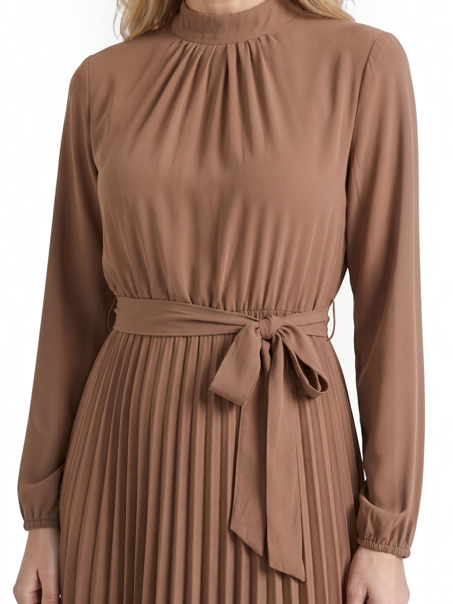 Misty Pleated Midi Dress with Tie Belt