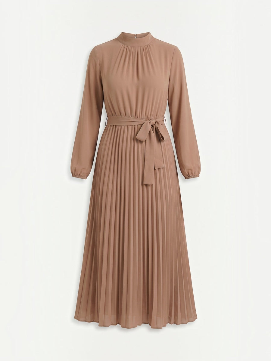 Misty Pleated Midi Dress with Tie Belt