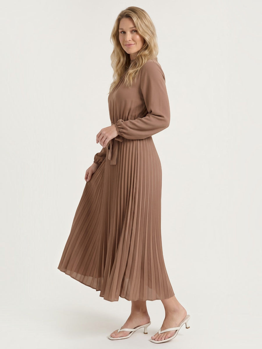 Misty Pleated Midi Dress with Tie Belt