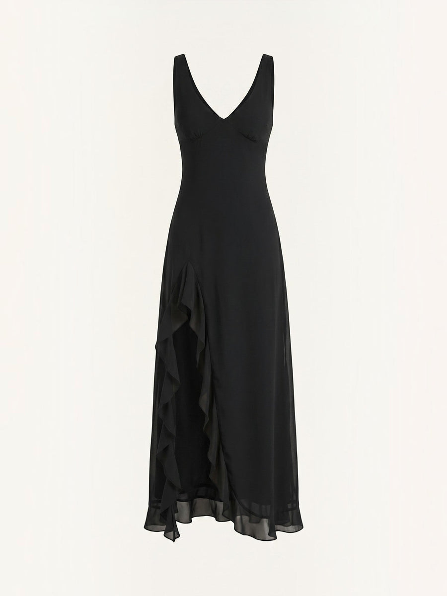Leslie V Neck High Low Ruffle Midi Dress