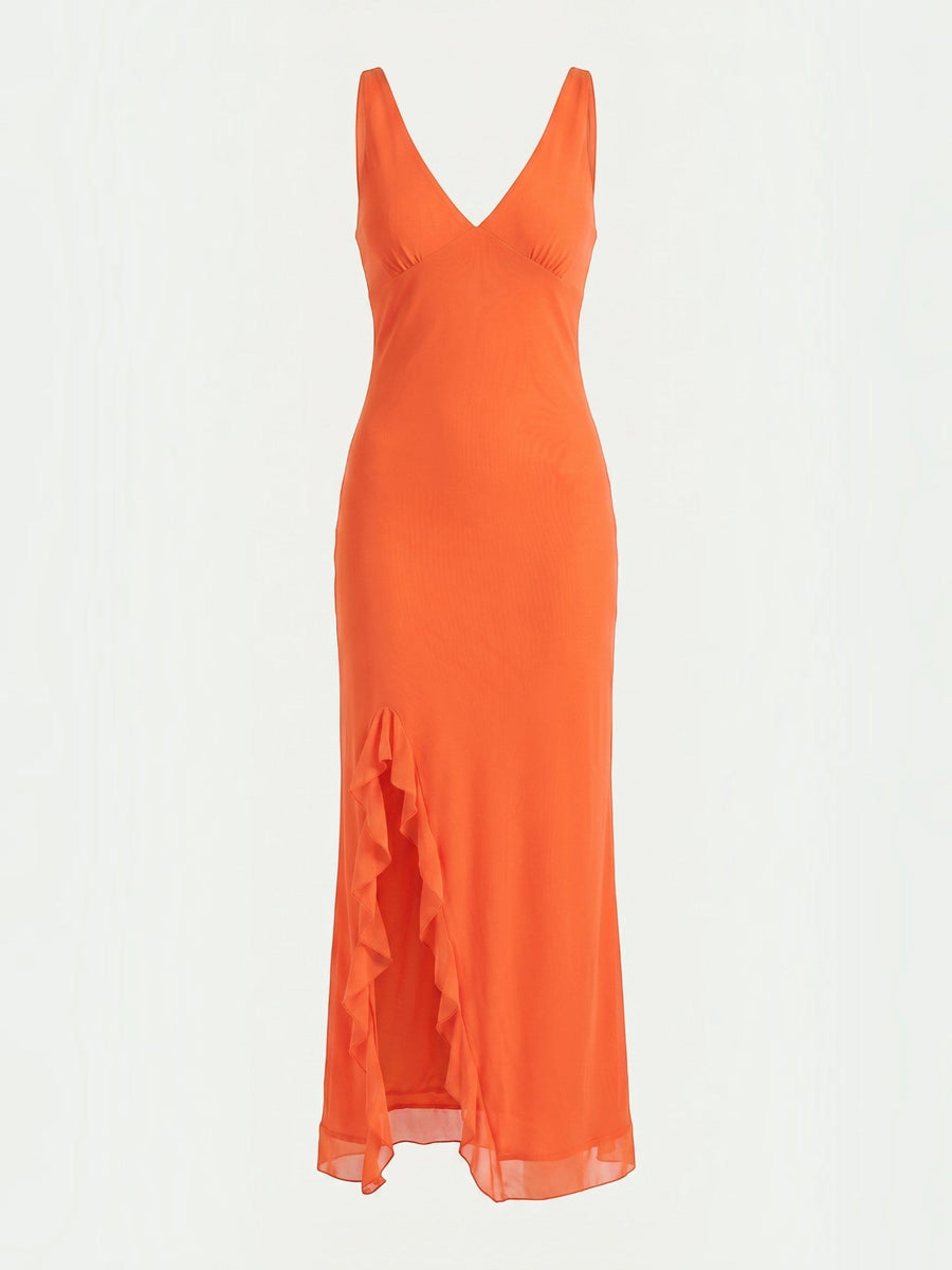 Leslie V Neck High Low Ruffle Midi Dress