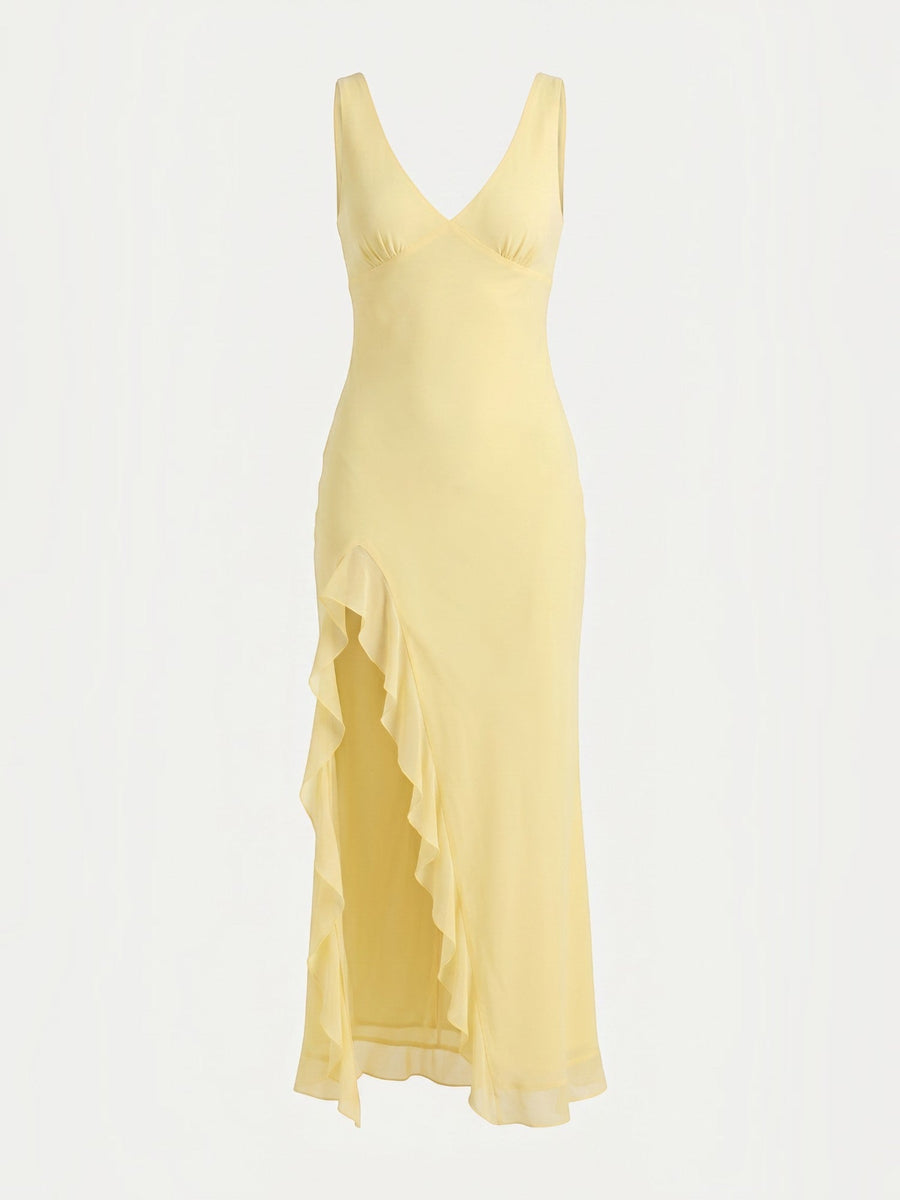 Leslie V Neck High Low Ruffle Midi Dress