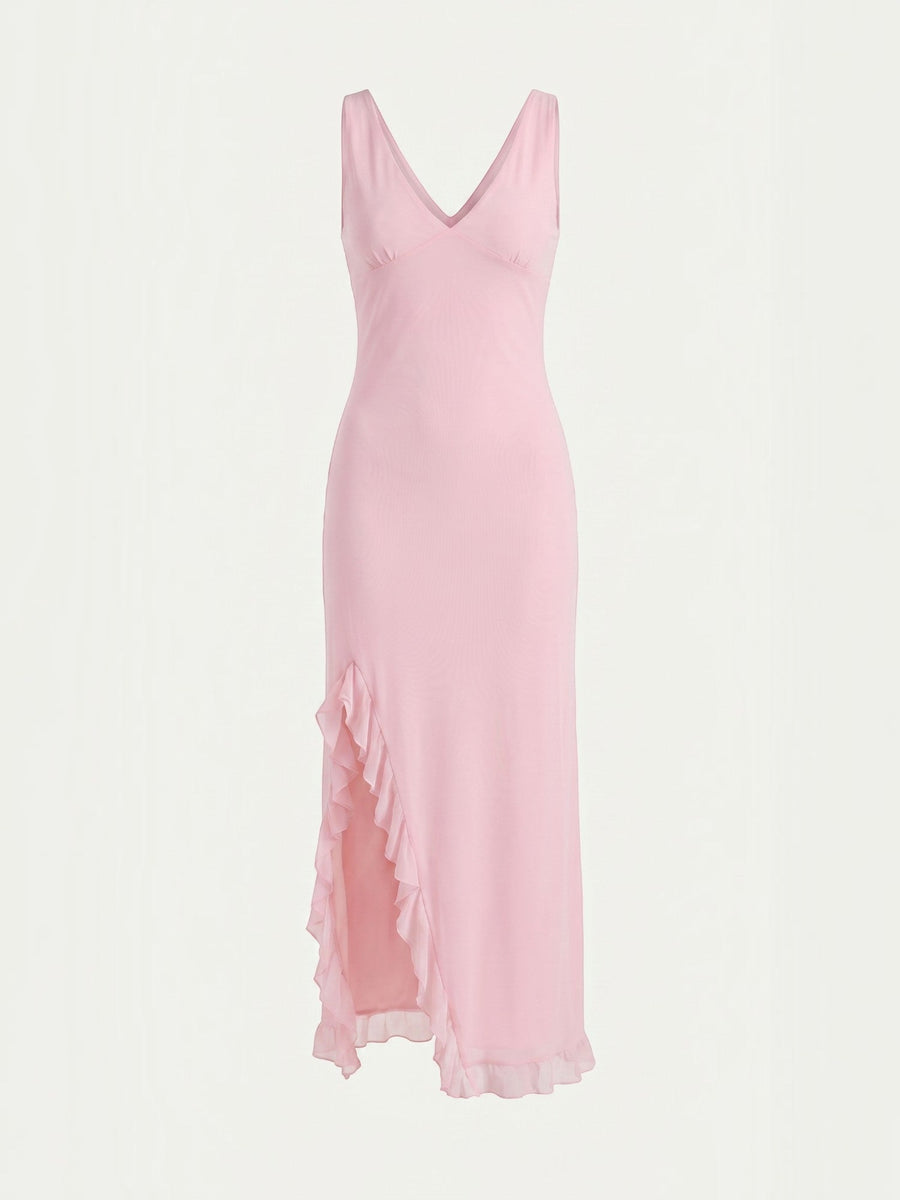 Leslie V Neck High Low Ruffle Midi Dress