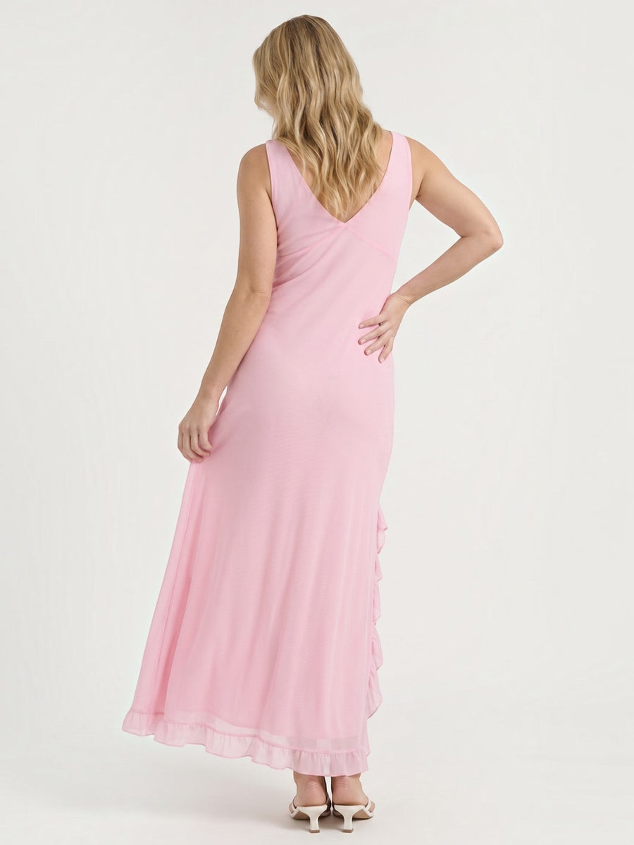 Leslie V Neck High Low Ruffle Midi Dress