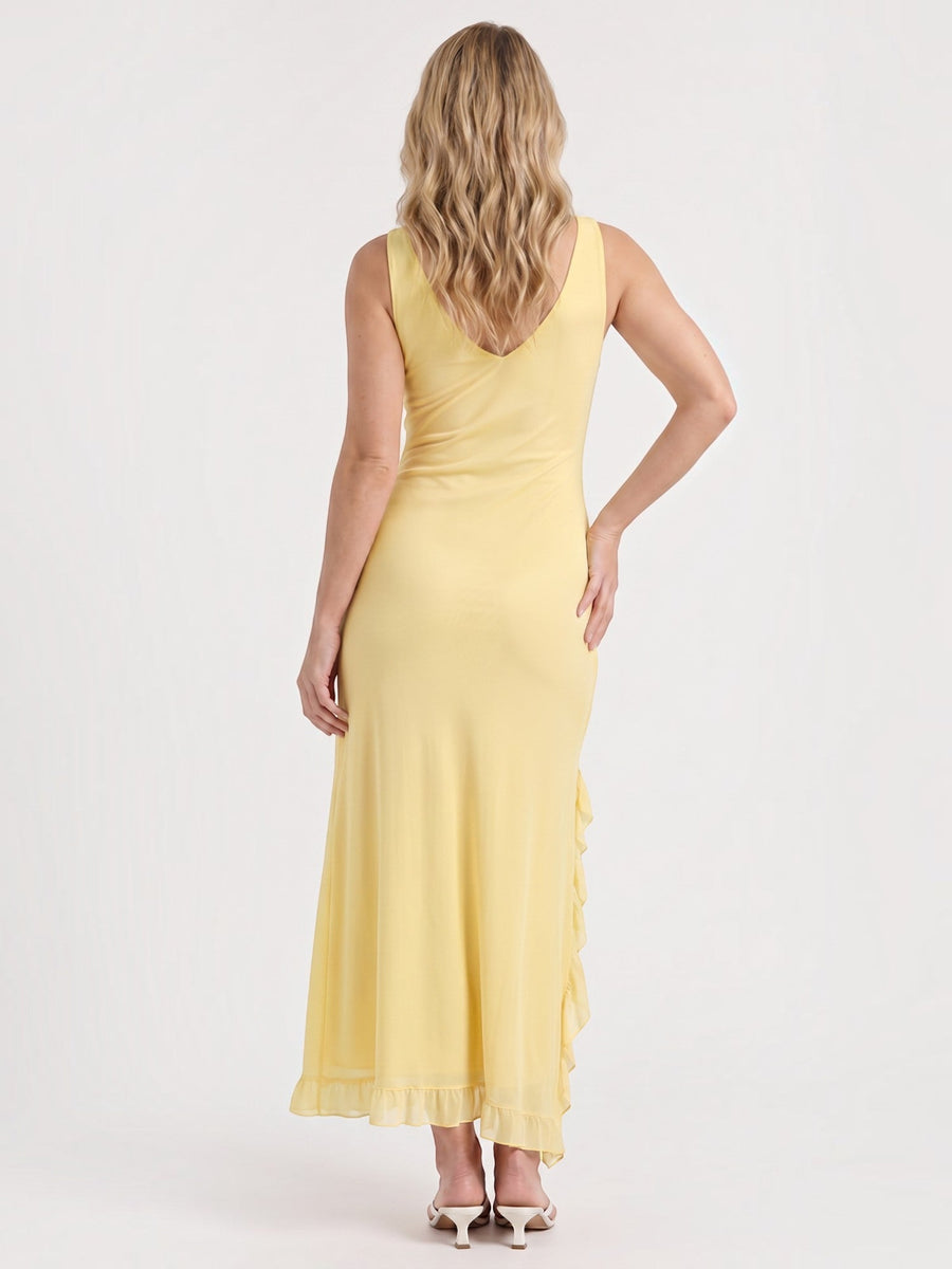 Leslie V Neck High Low Ruffle Midi Dress