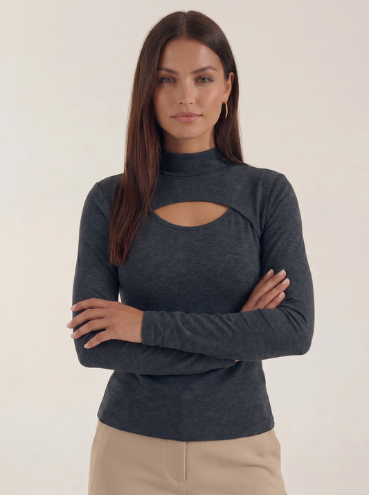 Barbara Cut Out Stand Collar Long Sleeve Top