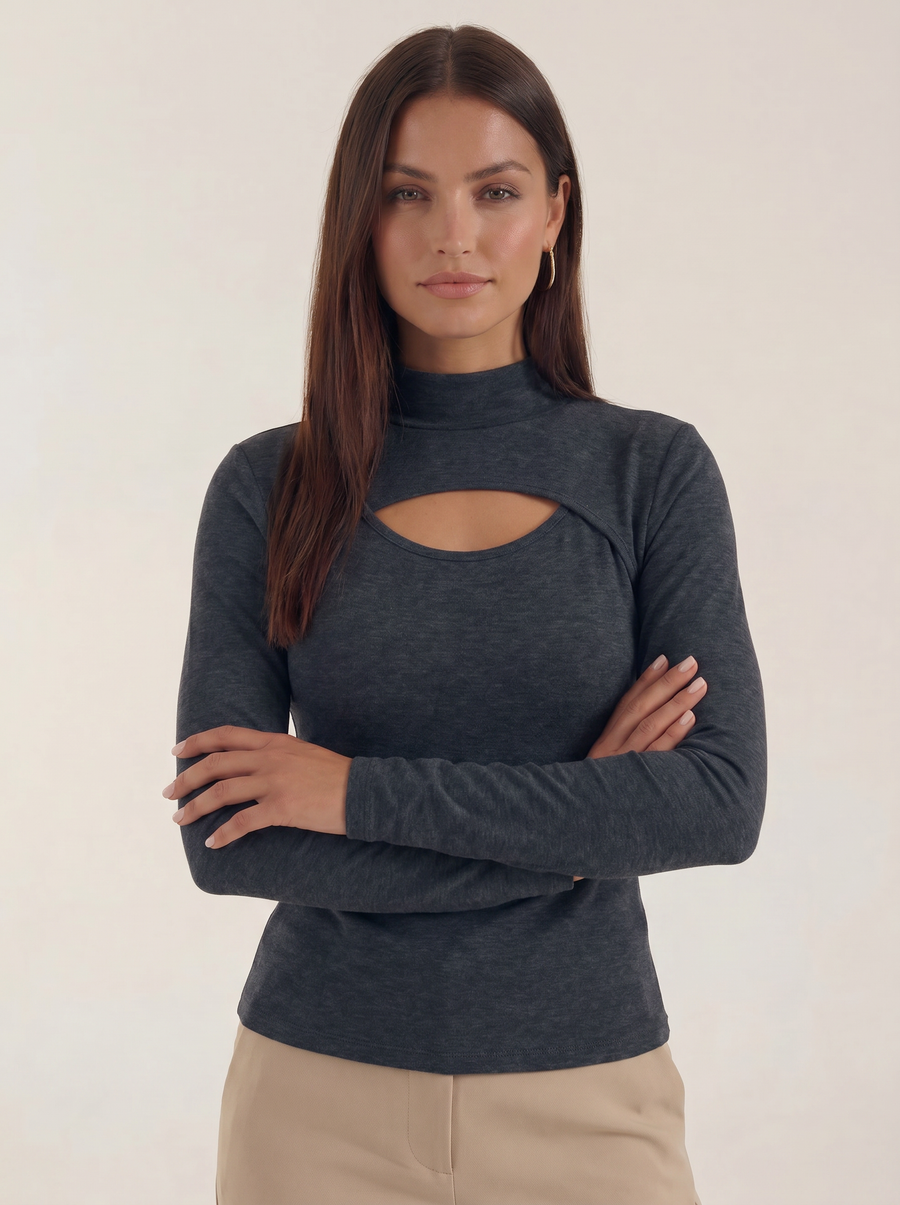 Barbara Cut Out Stand Collar Long Sleeve Top