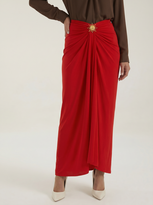 Cleo Draped Asymmetric Maxi Skirt with Brooch
