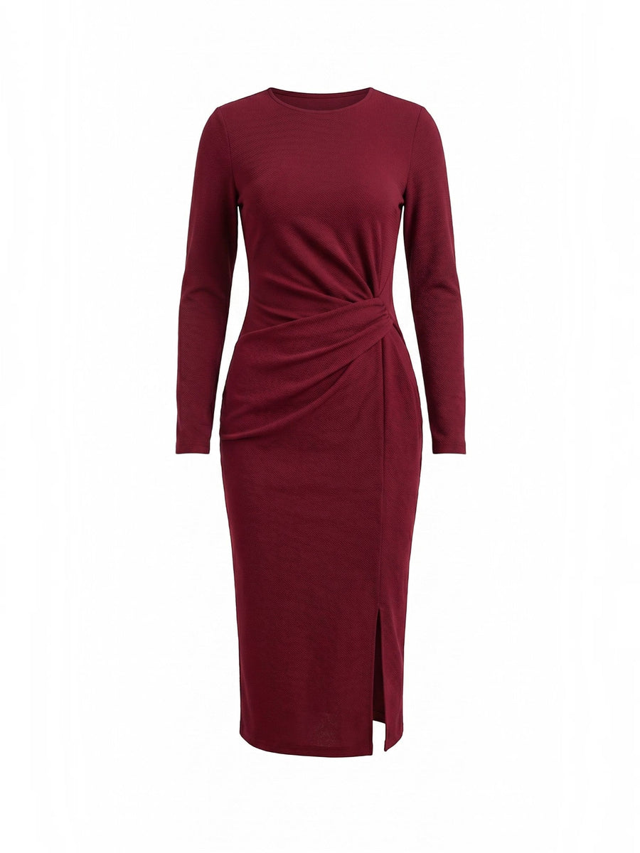 Danna Ribbed Knot Wrap Midi Dress with Slit