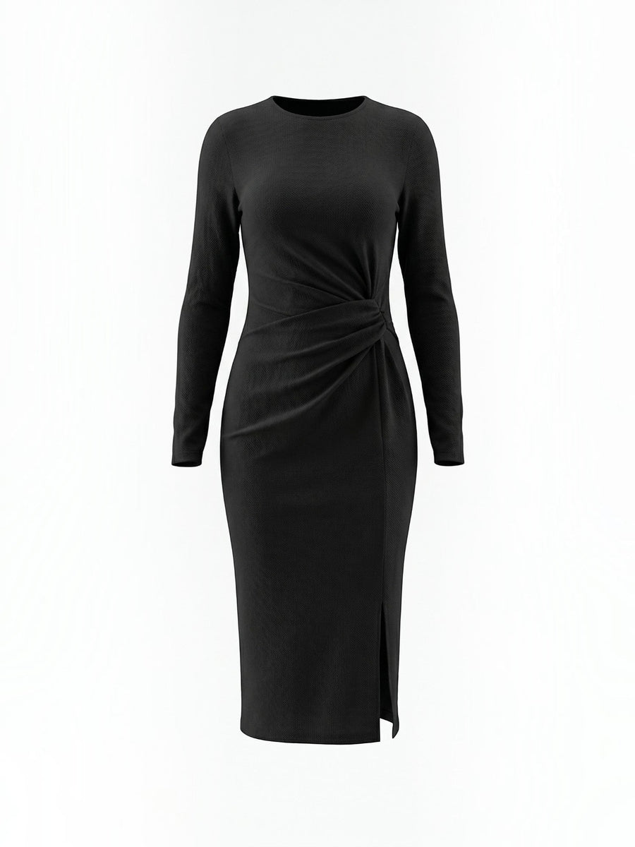 Danna Ribbed Knot Wrap Midi Dress with Slit