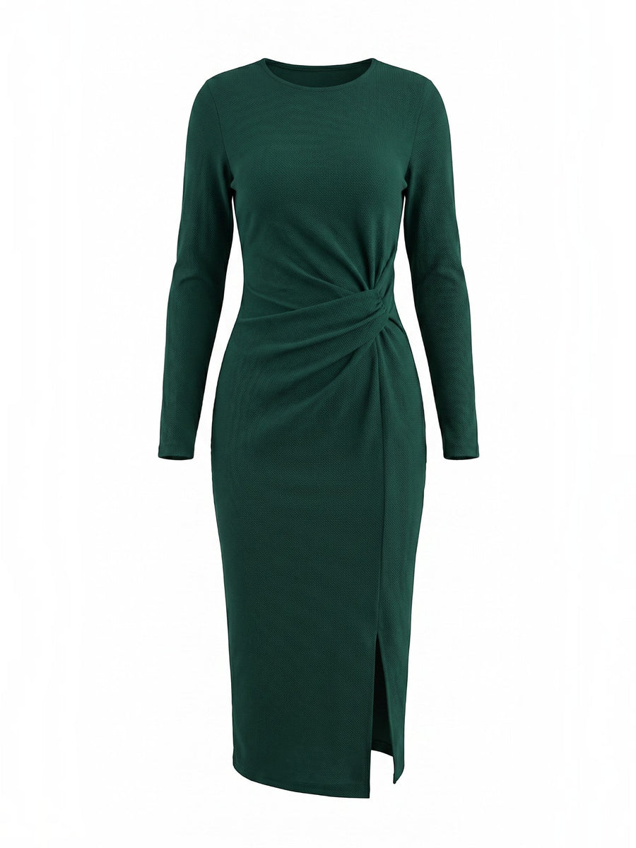 Danna Ribbed Knot Wrap Midi Dress with Slit